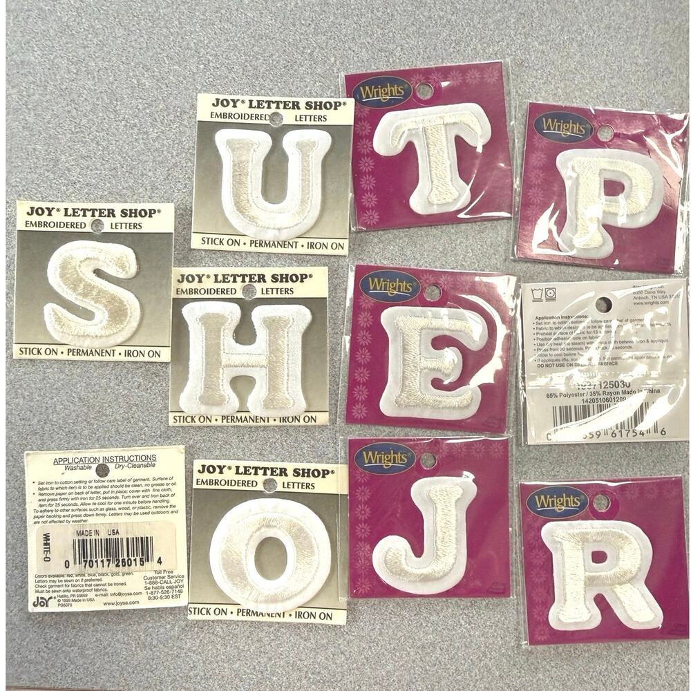 11 Embroidered letters Joy SUHOO Wrights TEPJRR white applique iron on NWT